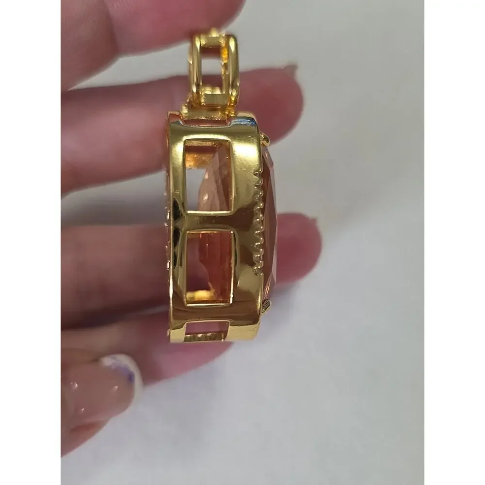 Large Light & Dark Pink Statement Pendant Reversible Floral Filigree Gold Tone